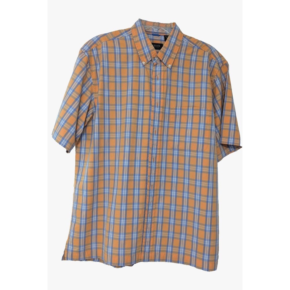 Izod Jeans Short Sleeve Shirt Mens Cotton Button-Up Orange/Blue Plaid
